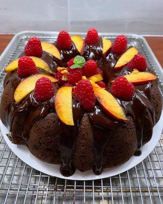 Chocolate Bundt Cake with chocolate ganache and fresh fruit