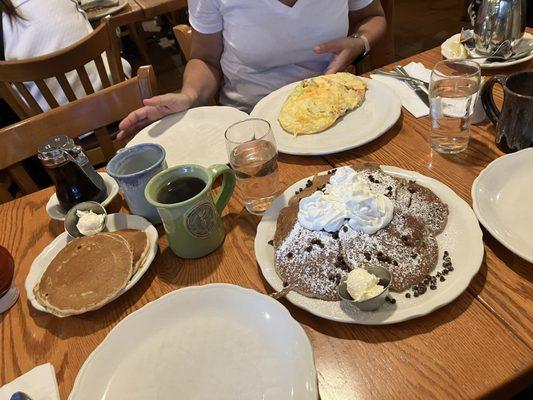 Vegetarian Omelette and Chocolate Chip Pancakes