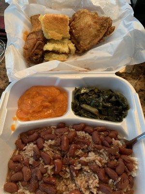 Fried chicken, red beans and rice, sweet potato's, greens abs cornbread