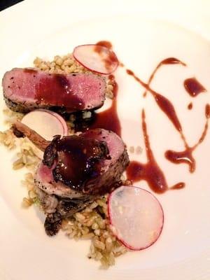 Second course by Heirloom Restaurant - Roasted lamb, radish, farro verde, foie gras vinaigrette, offal jus