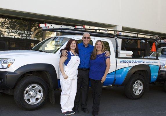 Amy with her parents, Windowsmith founders, Rob, and Linda Smith.