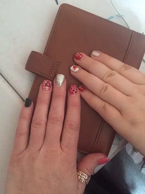 The techs are sweet and reasonably priced! Pics of my daughter and I's Valentines Day nails