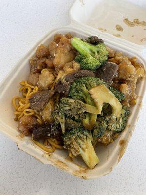 Lo mein noodles, beef and broccoli, orange chicken and honey garlic chicken