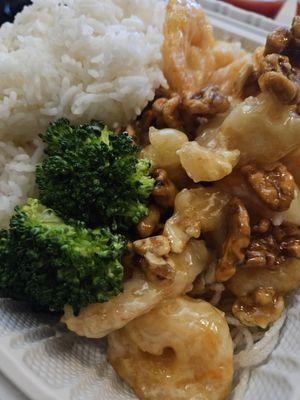 3/12/2024 - Delicious honey walnut shrimp with broccoli and rice.