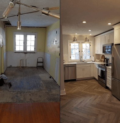 Before and after kitchen remodel with added accent lighting and recessed fixtures warm and welcome you in this newly remodeled kitchen.