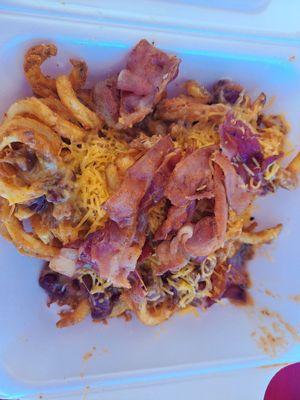 Chili cheese curly fry plus bacon