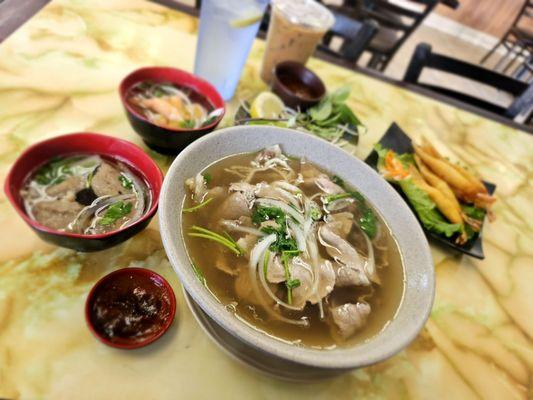 Traditional Pho, two side orders, Shrimp Puffs and drinks.