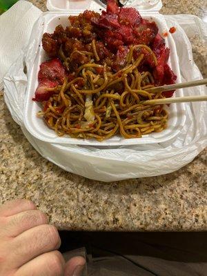 Bbq pork  ,chow mein, orange chicken.always good