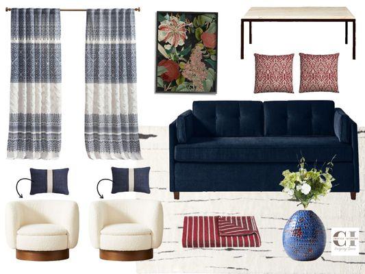 Moodboard for a red, white and blue living room