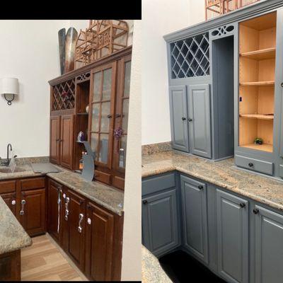 Before and after cabinet lacquer coating. BM color: Ocean Floor