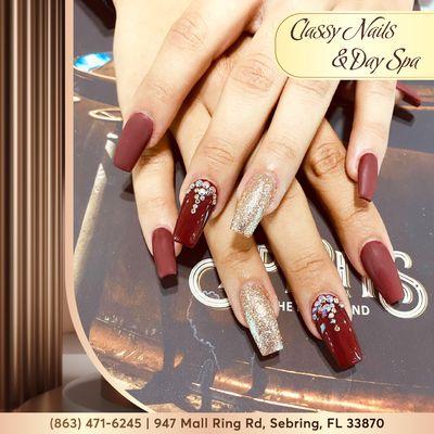 Rich brown with a golden touch and rhinestone glam.
 : https://lk.macmarketing.us/classynailsdayspa-Booking
------------