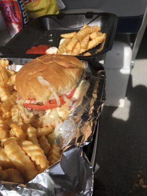 Very tasty hand-patted cheese burger and regular "crinkle cut" fries.