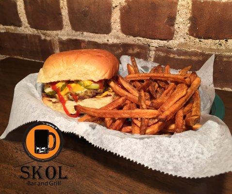 Skol Cheeseburger and fresh cut fries