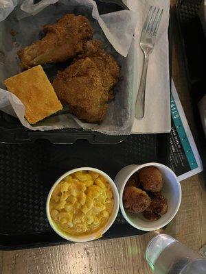 Fried Chicken w/ two sides (mac & cheese and hushpuppies)