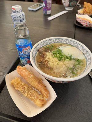 Beef broth, crab and fish cake tempura