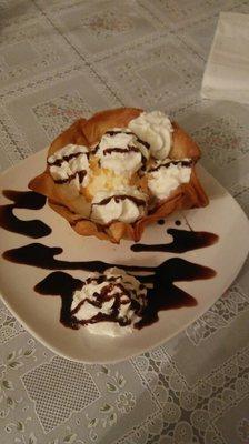 Nieve Frita $3.99 A shell with ice cream,whip cream and chocolate