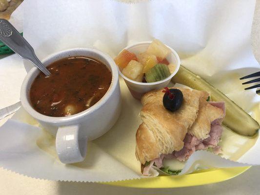 Soup special with half turkey croissant sandwich and fruit cup subbed instead of dessert bar $9