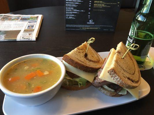 Roast beef, havarti and horseradish sandwich and chicken noodle soup Combo.