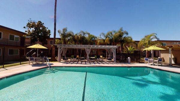 Swimming Pool at Huntington Cove Apartment Homes in Huntington Beach, California. Pet Friendly Studio, One, Two and Three Bedrooms.