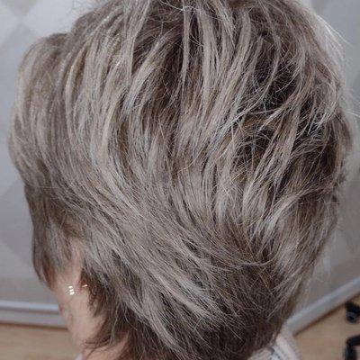 Razor cut with added dimension and gray coverage.