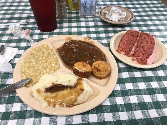 Smothered country fried steak w/onions. Awesome! Strawberry Cake!  Found this place on a nasty rainy day.