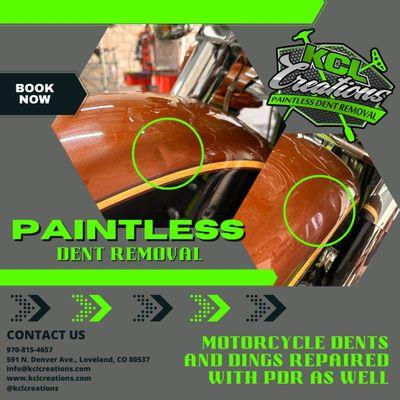 Paintless Dent Removal for Motorcycles in Loveland, Colorado by KCL Creations Professional Paintless Dent Removal.