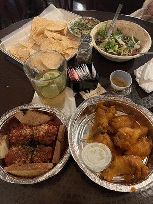 Spinach artichoke dip , awesome salad , wings and meatballs