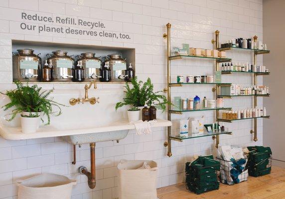 Featuring Follain's Refillable soap program and vintage sink!