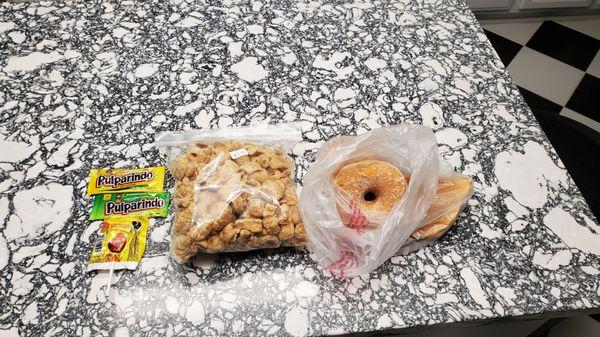 Sugar donuts, chicharrones, and candy