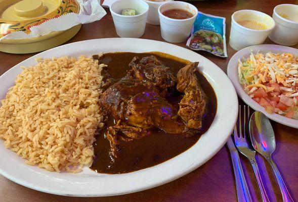 Chicken Mole, complete with fresh and tasty corn tortillas, rice and side salad