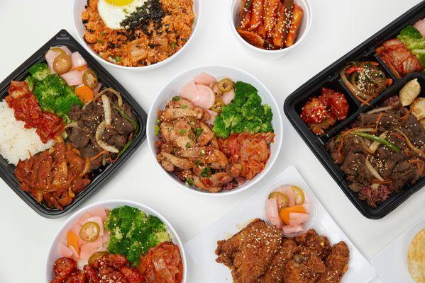 soy garlic chicken bowl, double protein beef and spicy chicken, KFC bowl, wings, kimchi fried rice