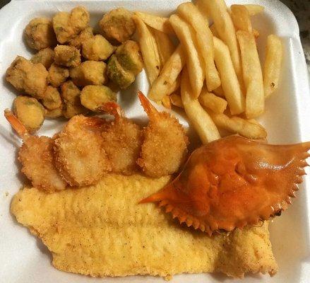 Fish, shrimp & crab meal with fried okra & fries.