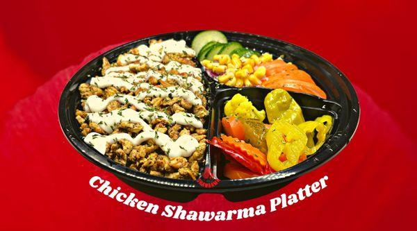 Chicken Shawarma Platter.
Choice of Over Rice or Over Hummus with choice of 5 sides