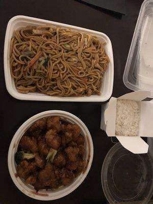 Large chicken Lo Mein and small orange chicken