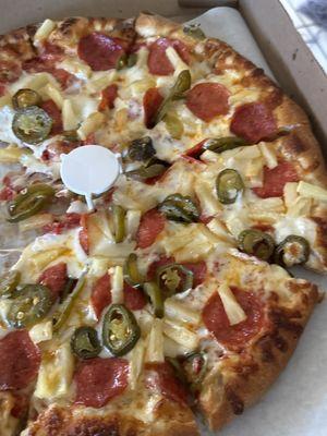 Pepperoni,pineapple,and jalapeño well done!! Soooo good!!!