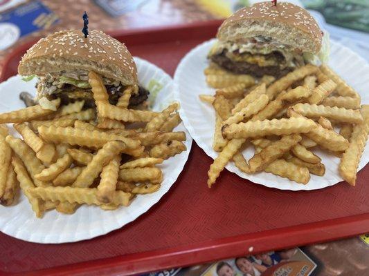 1 Super burger cut n half an 1 order of fries  was enough for two people to share. It was filling