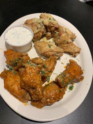 Garlic Parmesan and honey chipotle chicken wings with ranch