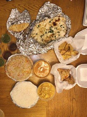 28. Mild Chicken Korma 35. Mild Lamb Tikka Masala 73. Garlic Naan 2. Paneer Pakora 6. Keema Samosa