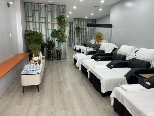 Foot reflexology stations and interior of Refresh Spa II