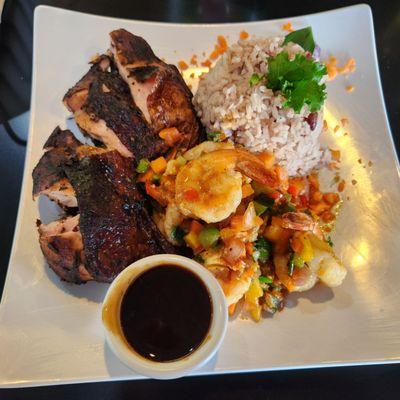 Jamaican surf and turf, jerk chicken and Jamaican shrimp