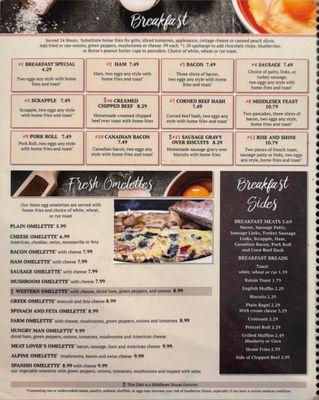 Menu current as of 10/24/2024 - Breakfast, Fresh Omelettes & Breakfast Sides