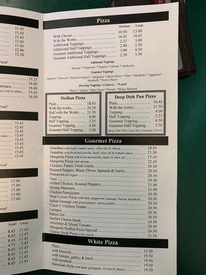 Pizza menu