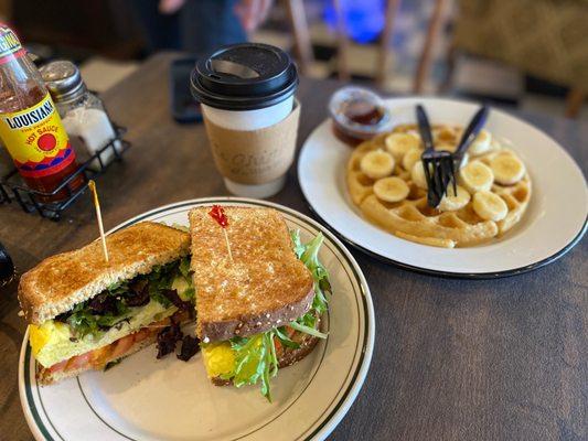 Breakfast sandwich and waffle