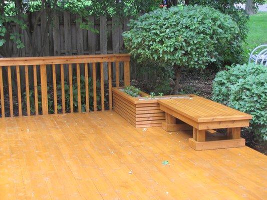 Deck with Custom built in Railing, Bench and Planter.