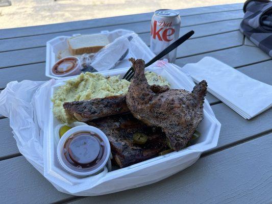 2 item plate. Pork ribs, chicken leg quarters, potato salad, and rice salad.