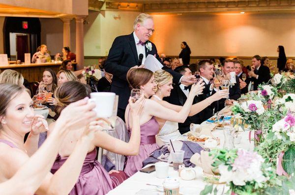 Head table down the middle and view facing dance floor and bar (Copr: Joshua Harrison Photography)