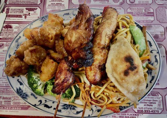 General Tso Chicken with Pork Lo Mein and Chicken Teriyak