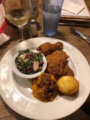 Southern fried chicken, kale salad, sweet potato soufflé