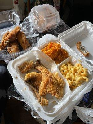 Fried whiting with Mac and cheese and "candied" yams