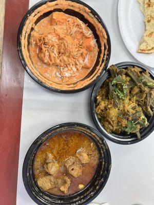 Paneer Marsala, chicken tikka with sauce, okra and garlic naan